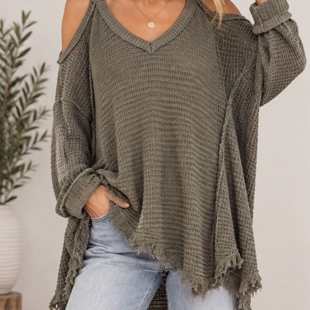Free People Olive Green Cold Shoulder Waffle Knit Distressed Sweater XS